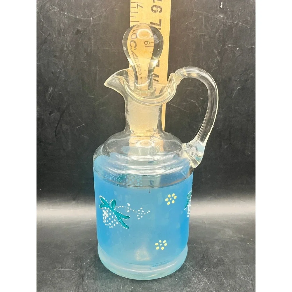 Vtg MCM Blue Frosted Hand Painted Hand Blown‎ Glass Cruet Stopper Berry As Is 7